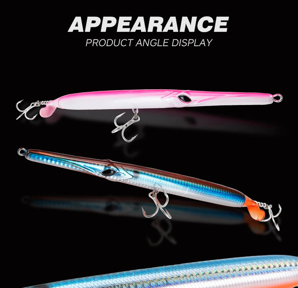 Pink and white propeller needle lure with black eye and treble hooks