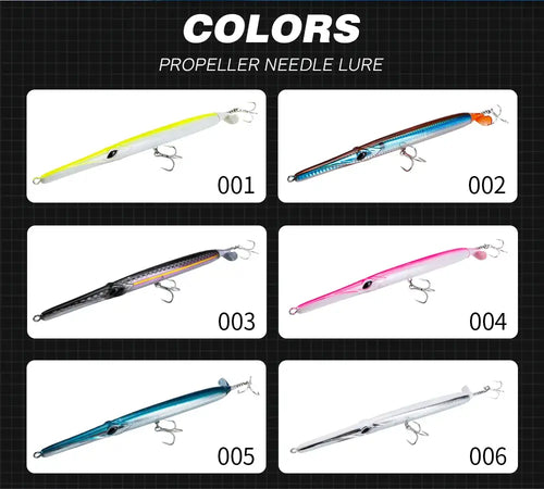 Propeller needle lure color options showing multiple lure colors with treble hooks