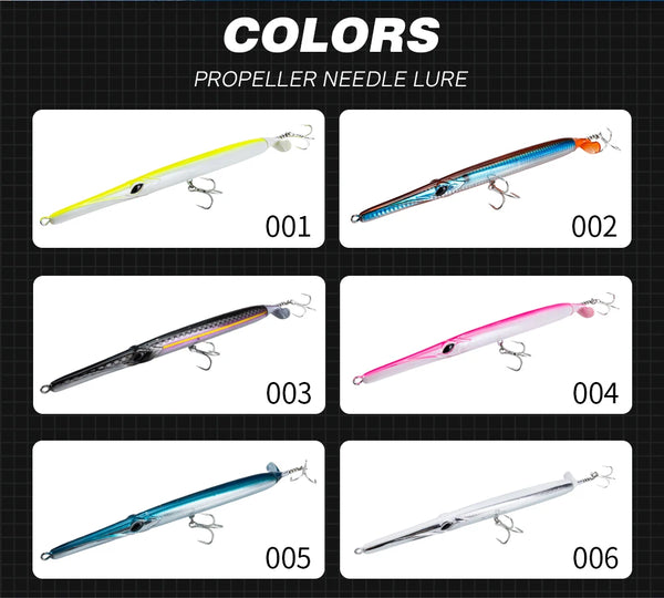 Propeller needle lure color options showing multiple lure colors with treble hooks