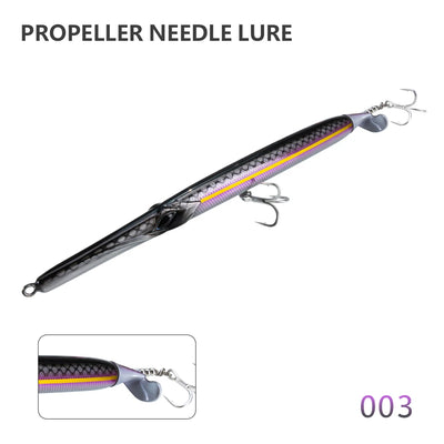 Propeller needle lure, black body with red and yellow stripe and twin treble hooks
