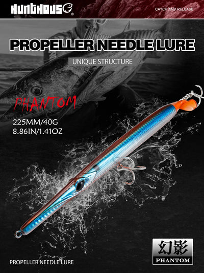 Propeller needle lure, blue and orange body with treble hooks and spinner tail