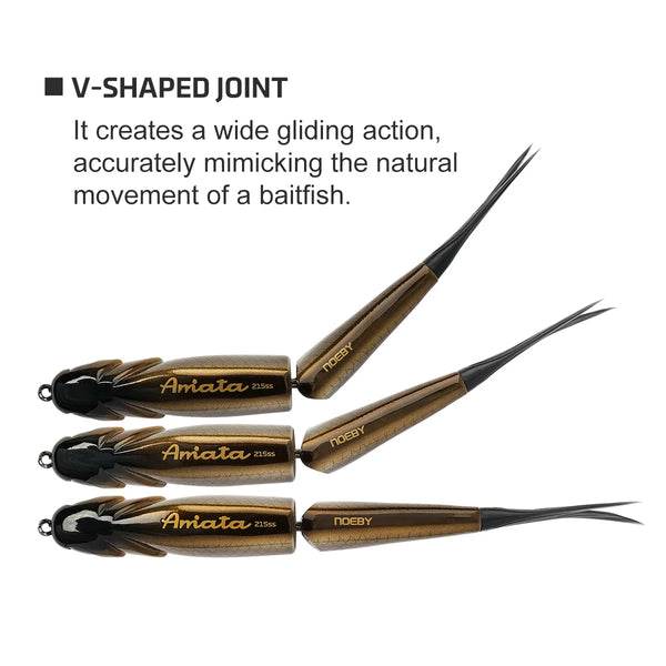 V-shaped joint NOEBY Amata glide swimbait, tan/gold body with treble hooks