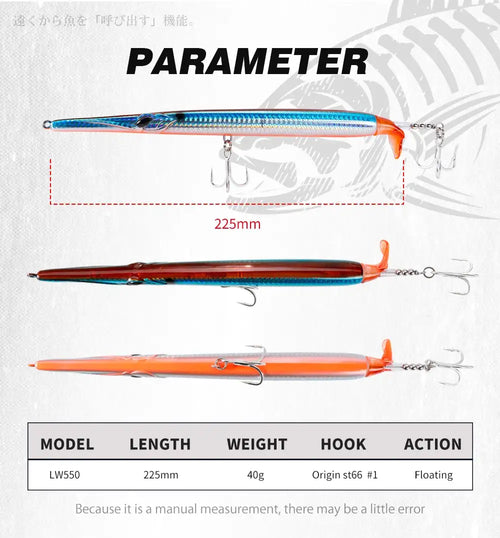 Propeller needle fishing lure set, three needle lures with treble hooks in blue and orange