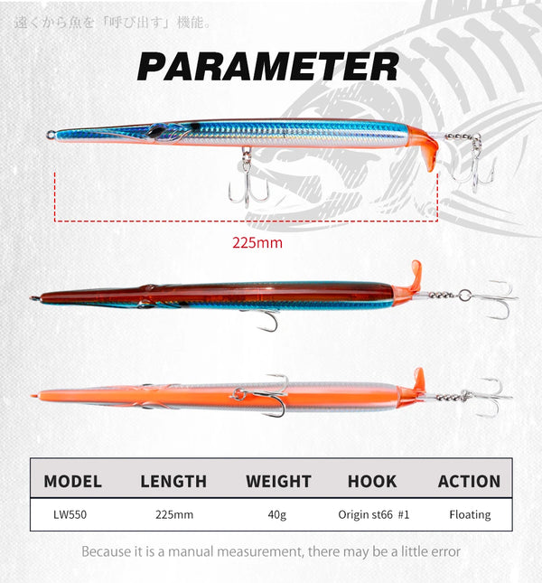 Propeller needle fishing lure set, three needle lures with treble hooks in blue and orange