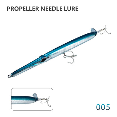 Propeller needle lure, blue and teal body with twin treble hooks