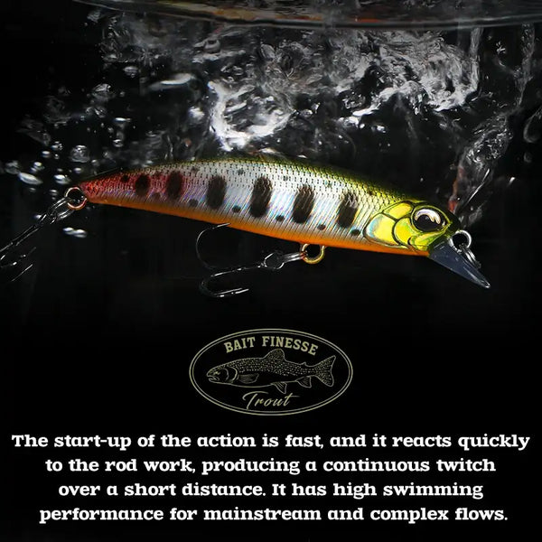 Yellow-green sinking minnow crankbait with orange belly stripe, black spots, treble hooks