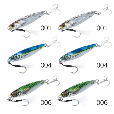 Six metal jig fishing lures: two silver, two blue, two green, each with treble hooks