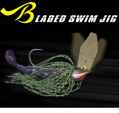 Bladed swim jig with gold blade and green speckled silicone skirt strands