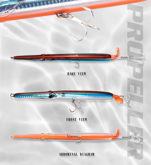 Propeller needle lure set: orange, blue, and red bodies with treble hooks