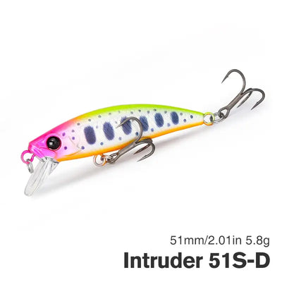 Sinking minnow fishing lure, orange and white body with purple spots, clear lip, 2 trebles