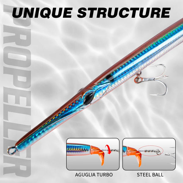 Propeller needle fishing lure with iridescent blue body, orange head, and treble hooks