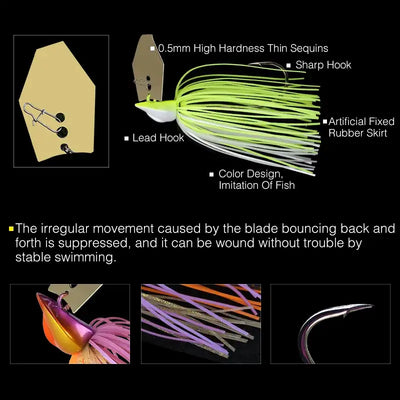 Bladed jig lure with neon green rubber skirt, sharp hook, and gold blade