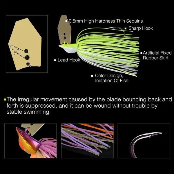 Bladed jig lure with neon green rubber skirt, sharp hook, and gold blade