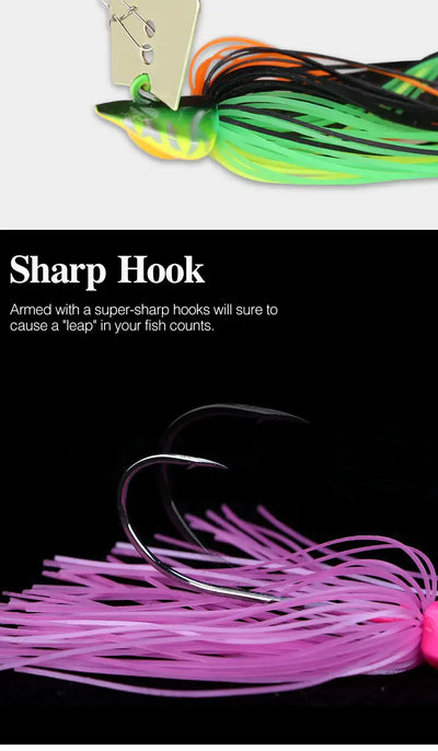 Bladed jig lure with purple silicone skirt and curved sharp hook