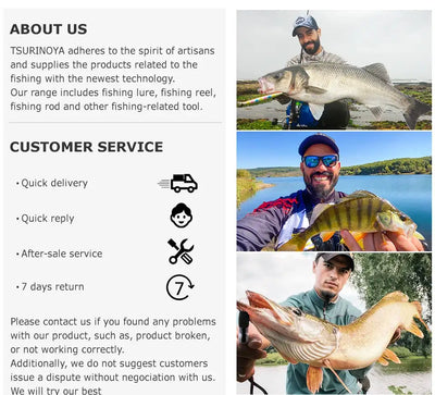 Fishing line company about-us and customer-service panel with anglers holding fish