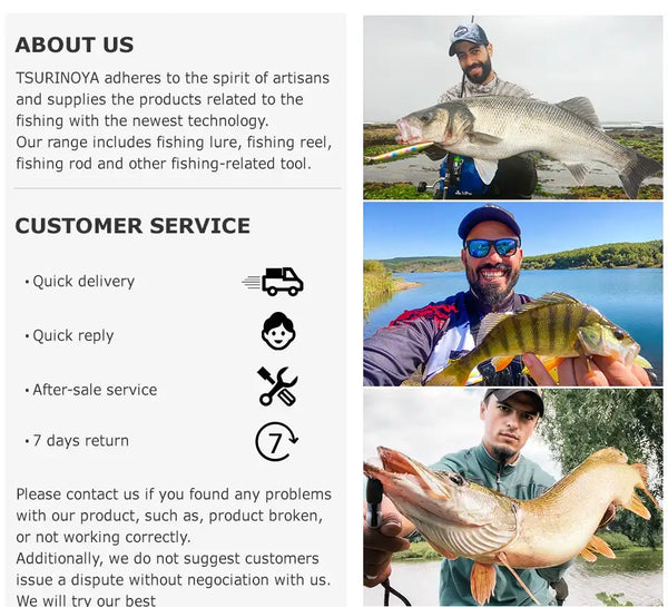 Fishing line company about-us and customer-service panel with anglers holding fish