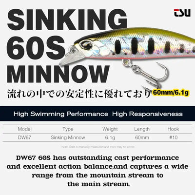 Yellow-green sinking minnow crankbait with black spot pattern and treble hooks