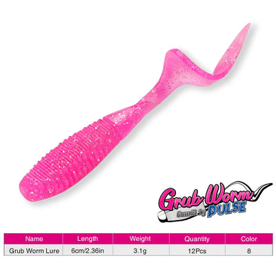Pink soft grub worm lure with curled tail and glitter speckles