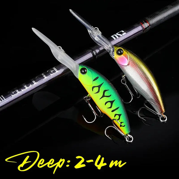 Suspending minnow hard body fishing lure, lime-green and silver with multi-color belly.