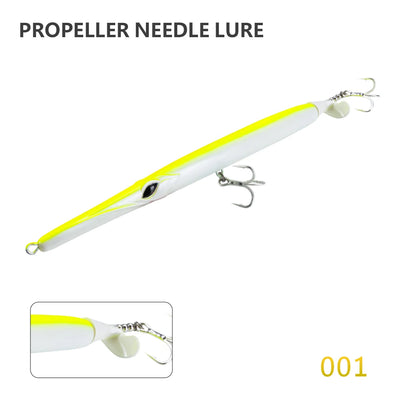White and neon yellow propeller needle lure with treble hook and prop nose