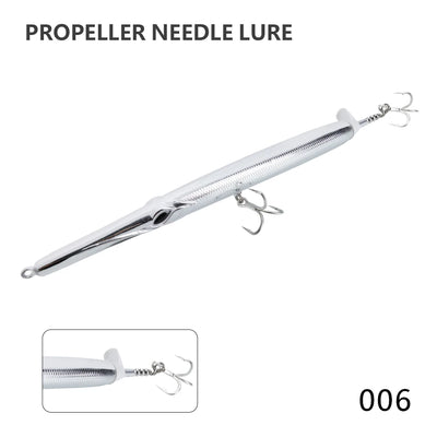 Propeller needle lure, silver metallic body with twin treble hooks