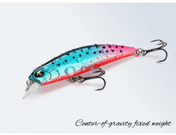 Blue-silver sinking minnow crankbait with red underside, two treble hooks