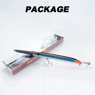 Propeller needle fishing lure in clear package, blue and orange body with treble hooks