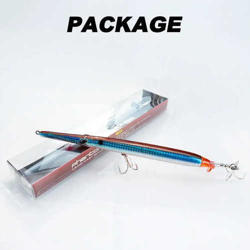 Propeller needle fishing lure in clear package, blue and orange body with treble hooks