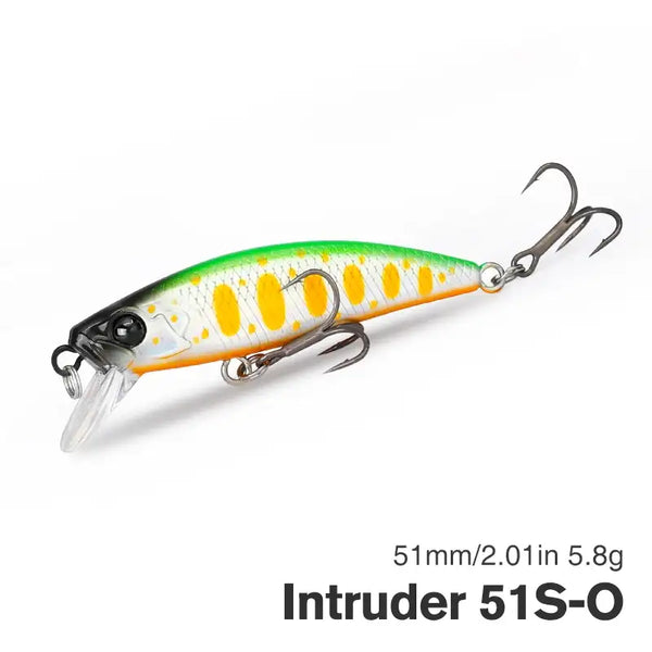 TSURINOYA sinking minnow intruder lure, green and yellow with orange speckling