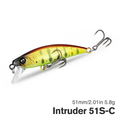 TSURINOYA sinking minnow intruder lure, chartreuse with dark top and hook eyes
