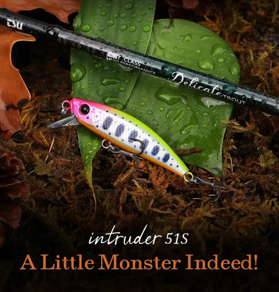 TSURINOYA Intruder 51S sinking minnow lure with pink-white body, purple speckles, treble hooks