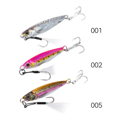 Three metal jig fishing lures in silver, pink, and purple colors, each with treble hooks