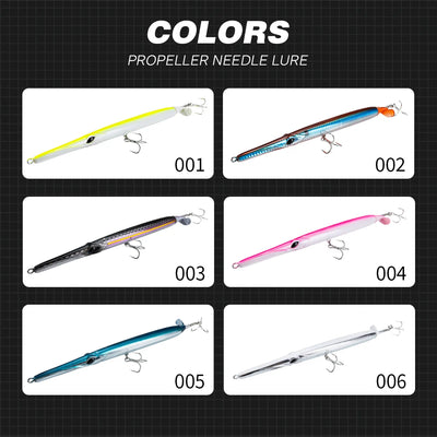 Propeller needle lures color options, six colorful needle baits with treble hooks