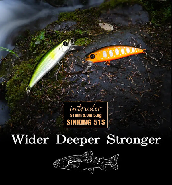 TSURINOYA Intruder 51S sinking minnow lure, orange and silver with treble hooks on moss
