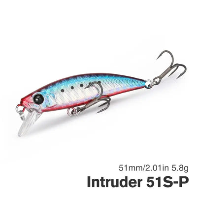 Sinking minnow fishing lure, blue back with red underside, clear lip, 2 treble hooks