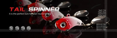 Red tail spinner fishing lure with metal blade and treble hook.