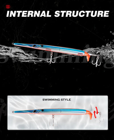 Blue and orange propeller needle fishing lure with two treble hooks