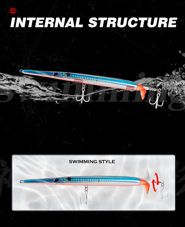 Blue and orange propeller needle fishing lure with two treble hooks