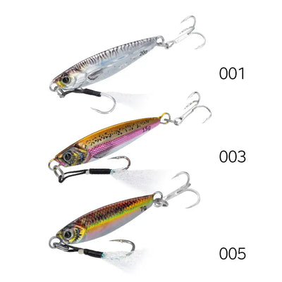 Three metal jig fishing lures in silver, gold, and brown-orange colors, each with treble hooks