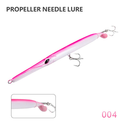 Propeller needle lure, pink and white body with twin treble hooks