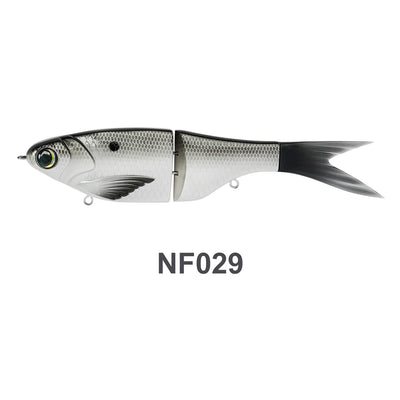 Jointed shad swimbait lure NF029, silver-gray scaly body with black tail fin
