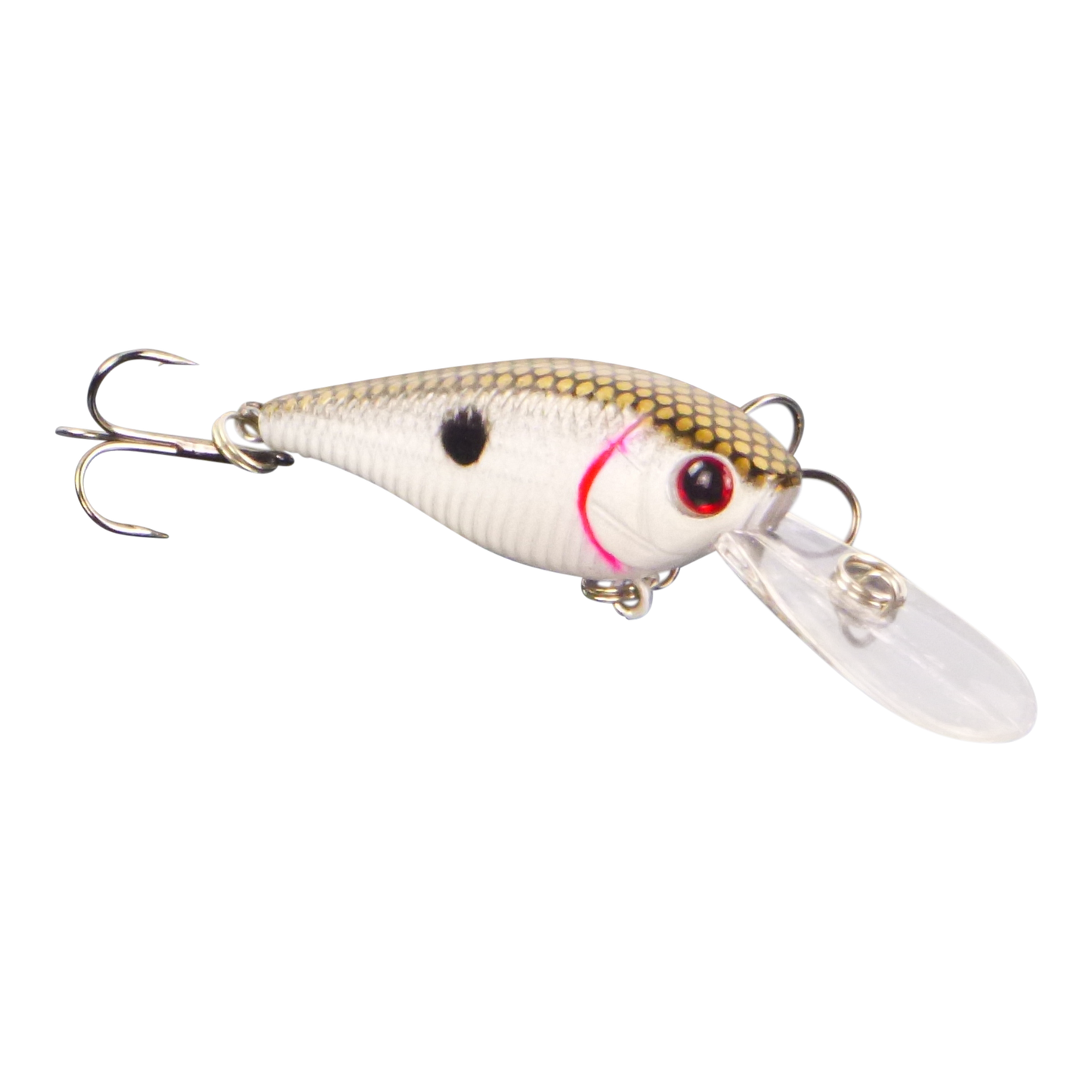 White deep-diving crankbait with red eye, black spot, and clear diving bill