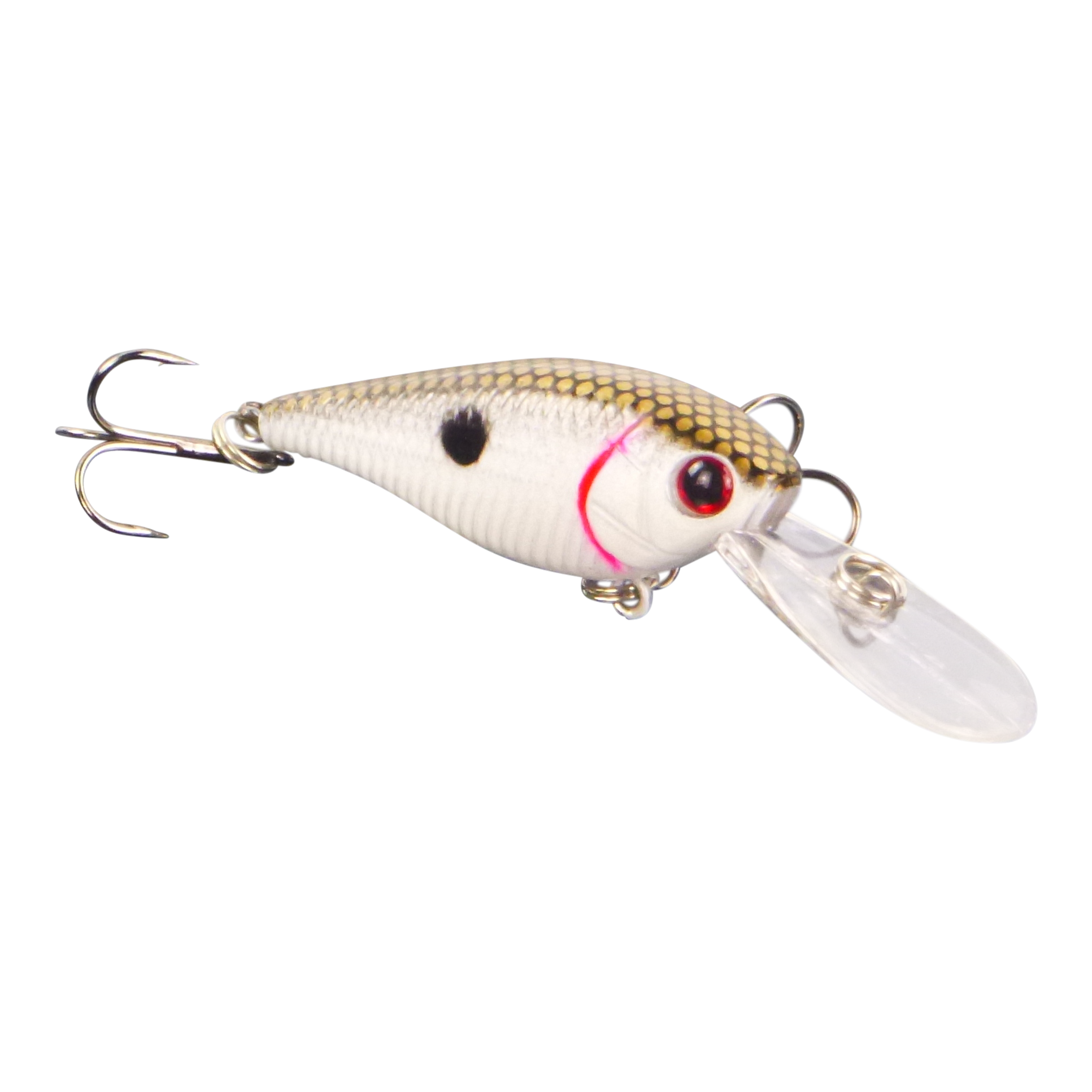 White deep-diving crankbait with red eye, black spot, and clear diving bill