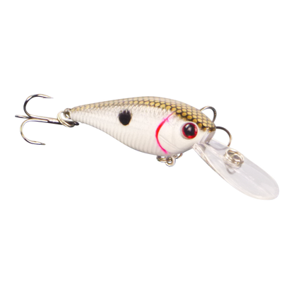 White deep-diving crankbait with red eye, black spot, and clear diving bill