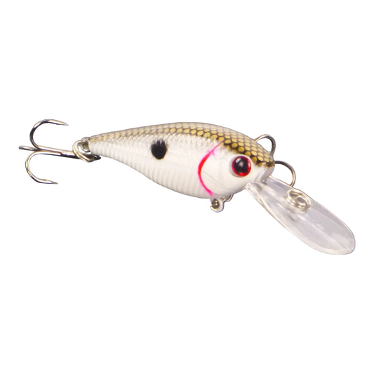 Baitfish diving crankbait with red eye, black back spot, clear lip and treble hooks
