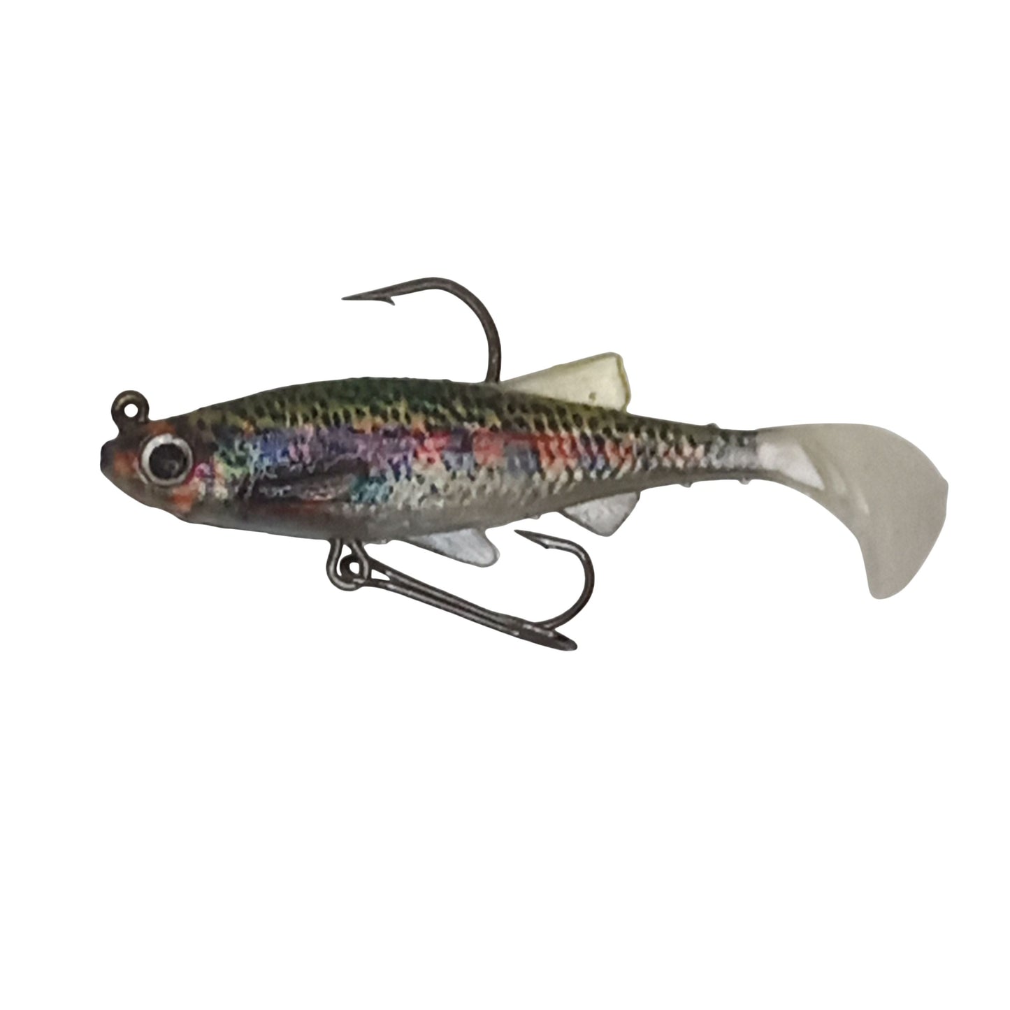 Paddle tail fishing lure, iridescent rainbow body with black hooks and soft tail