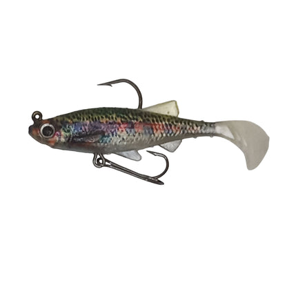 Paddle tail fishing lure, iridescent rainbow body with black hooks and soft tail