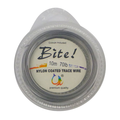Nylon coated leader wire spool, 7-strand, Bite! 70lb 10m, with crimps