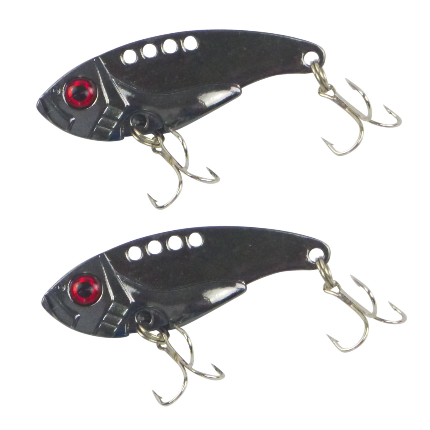 Two black chrome crankbaits with red eyes and treble hooks