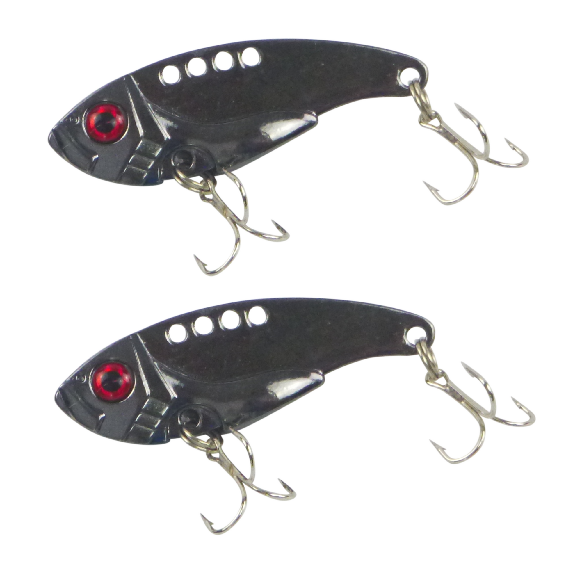 Two black chrome crankbaits with red eyes and treble hooks
